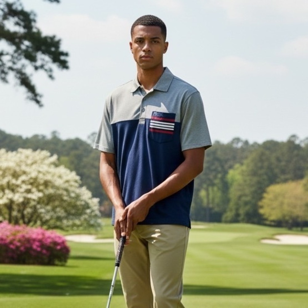 Travis Mathew Mens Colorblock Polo Shirt Grey Navy Blue Striped Pocket Size M
